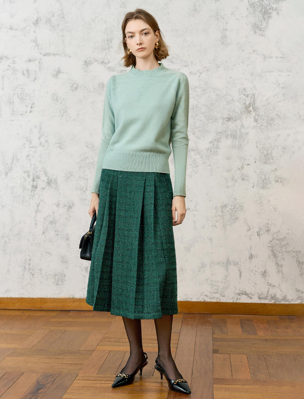 Wool Blend Eyelet Scalloped Stand-Collar Knit Top
