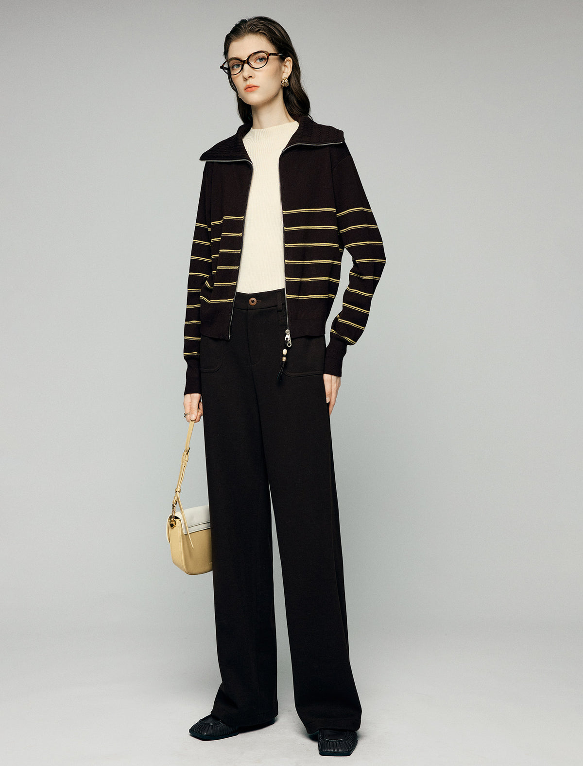 Wool Blend Striped Collared Double-Zip Cardigan
