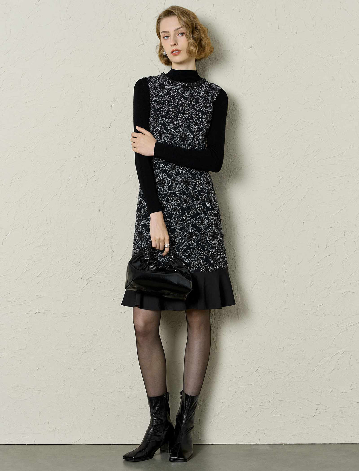 Textured Floral Ruffle Hem Sleeveless Sheath Dress