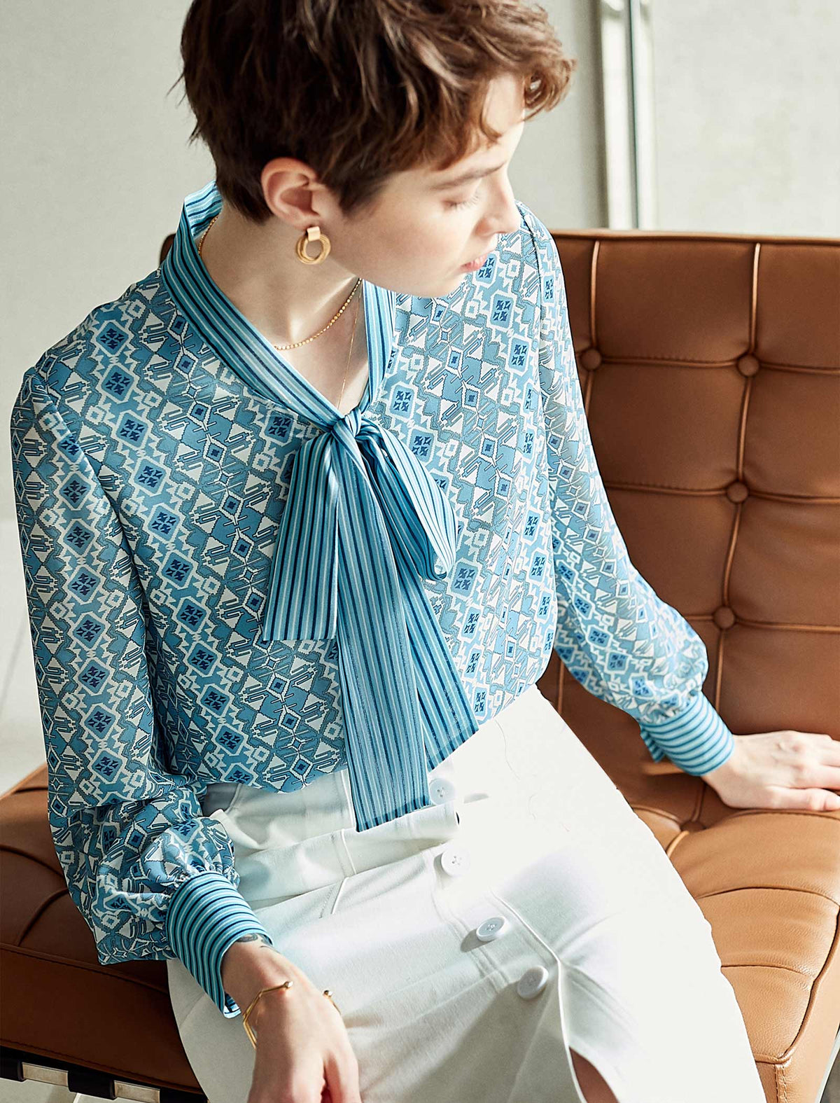 Teal Geometric Tie-Neck Blouse
