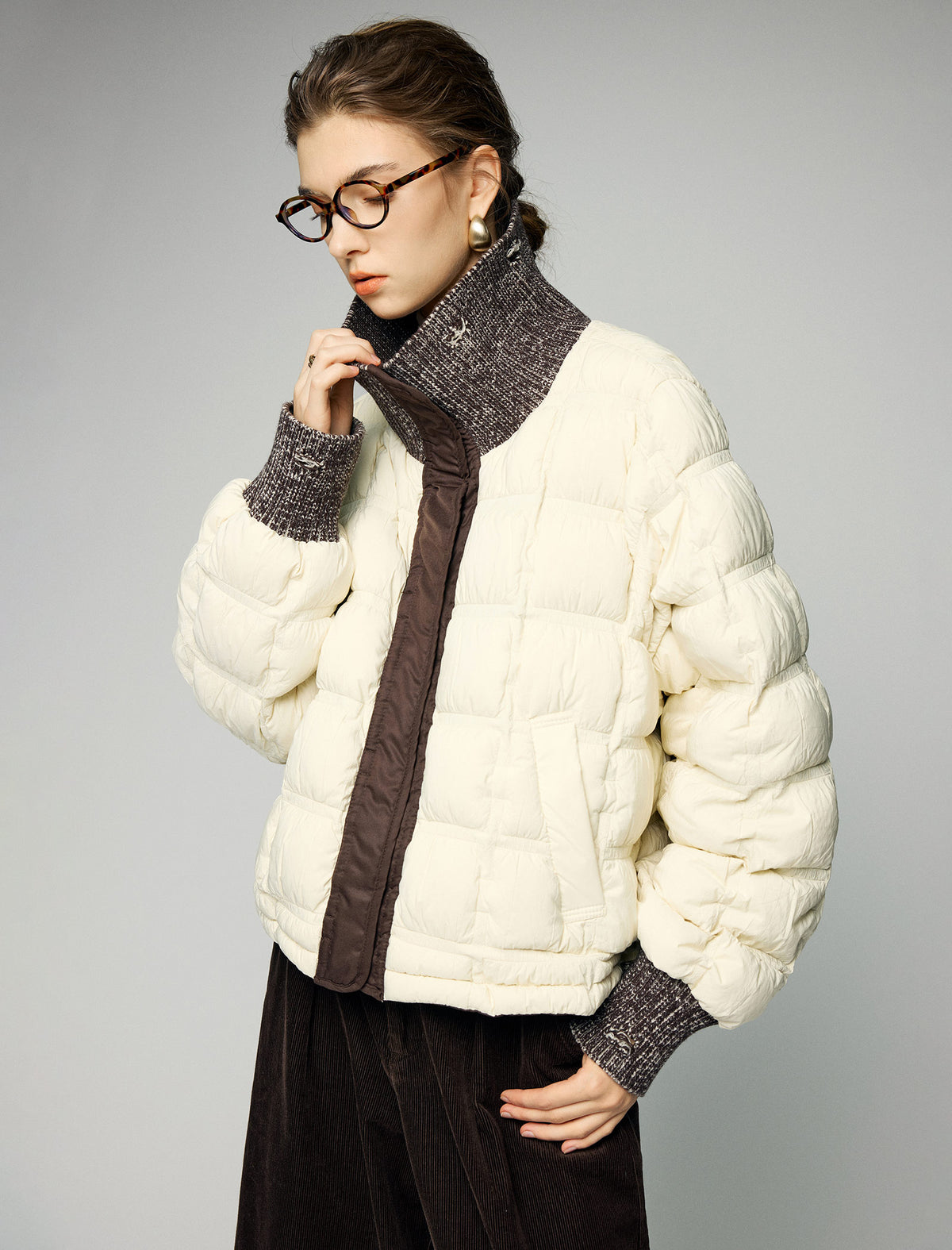 Textured-Trim Contrast-Collar Button-Front Puffer Jacket