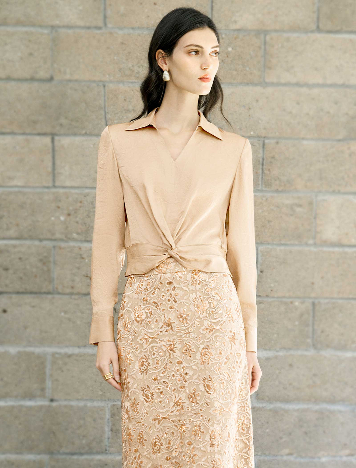 Collared Twist‑Waist Long Sleeve Blouse