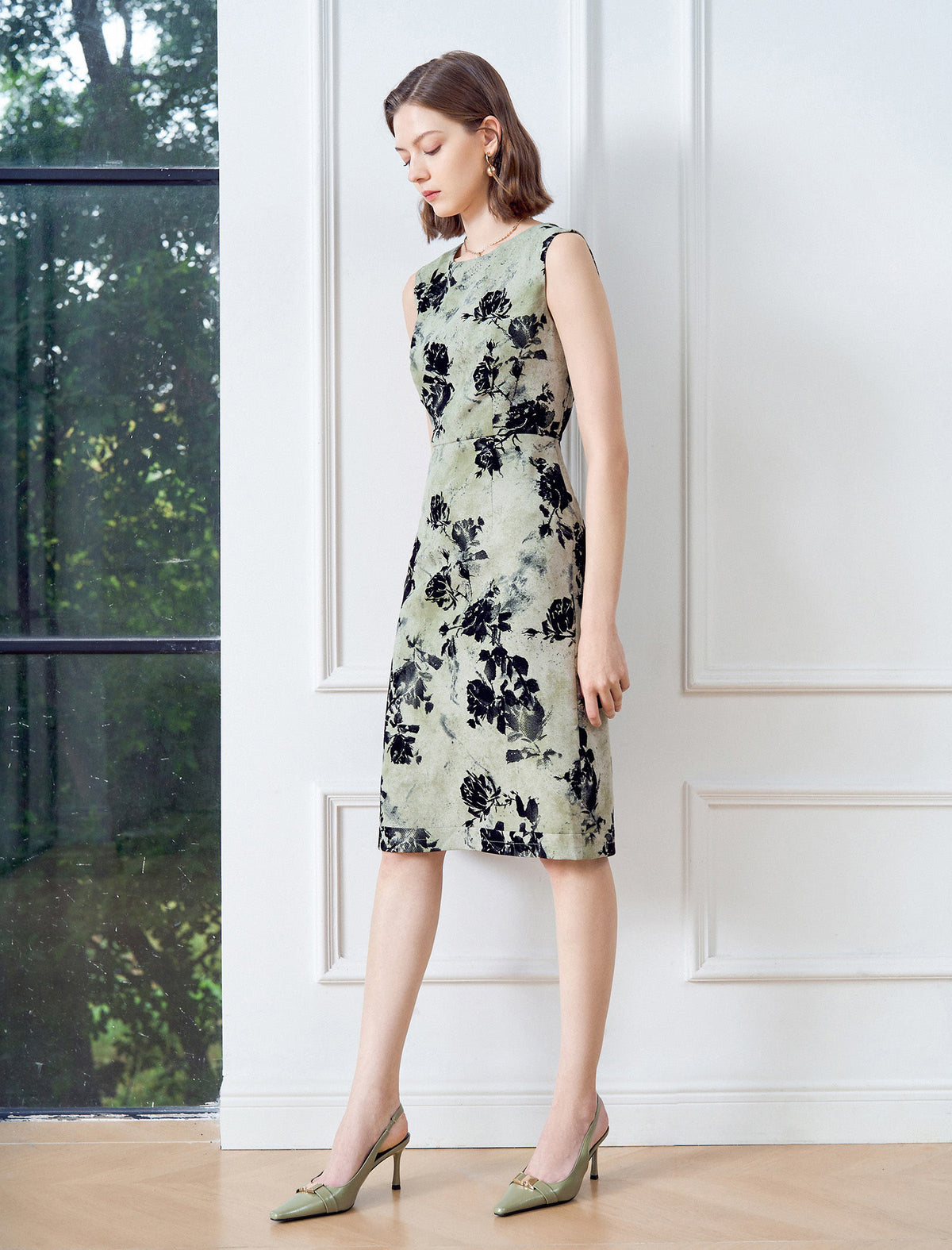 Sage Floral Ink Print Sleeveless Sheath Dress