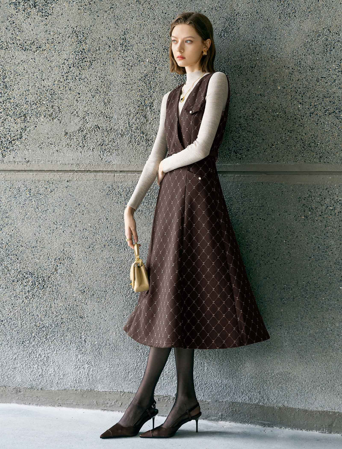 Brown Plaid V-Neck Belted Sleeveless Midi Dress