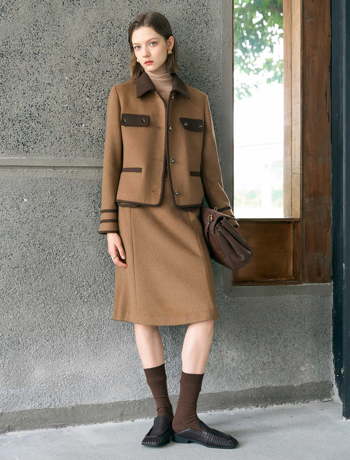 Wool Gray Double-Faced High-Waist A-Line Midi Skirt