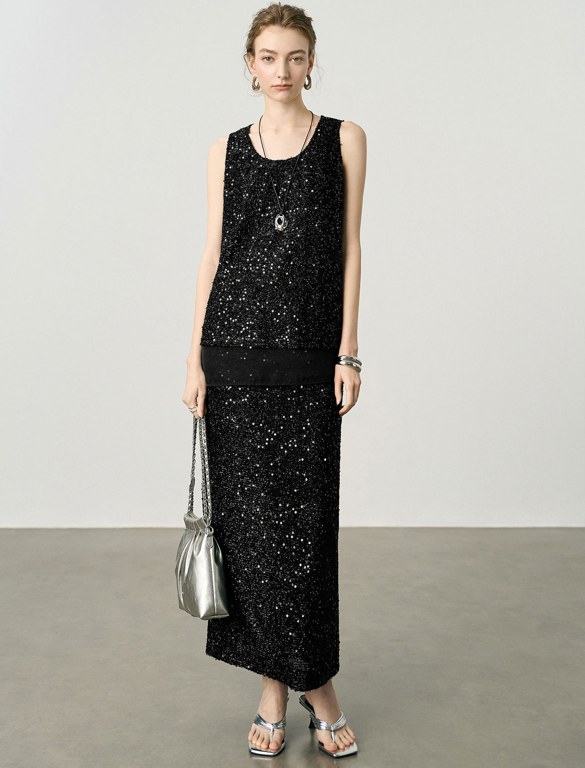 High-Waisted Sequin Column Midi Skirt