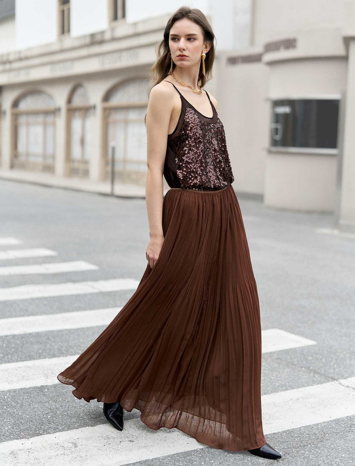 Coffee Pleated Maxi Skirt