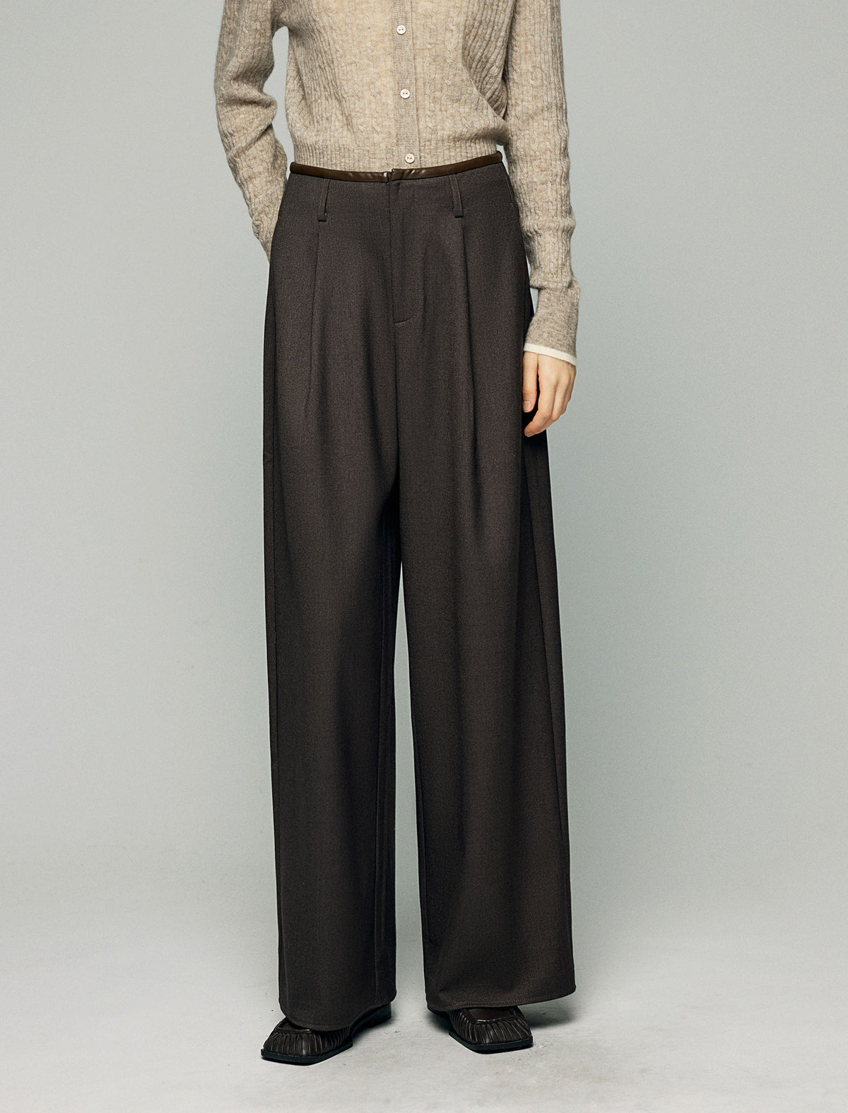 Wool Blend Pleated High-Waist Wide-Leg Pants