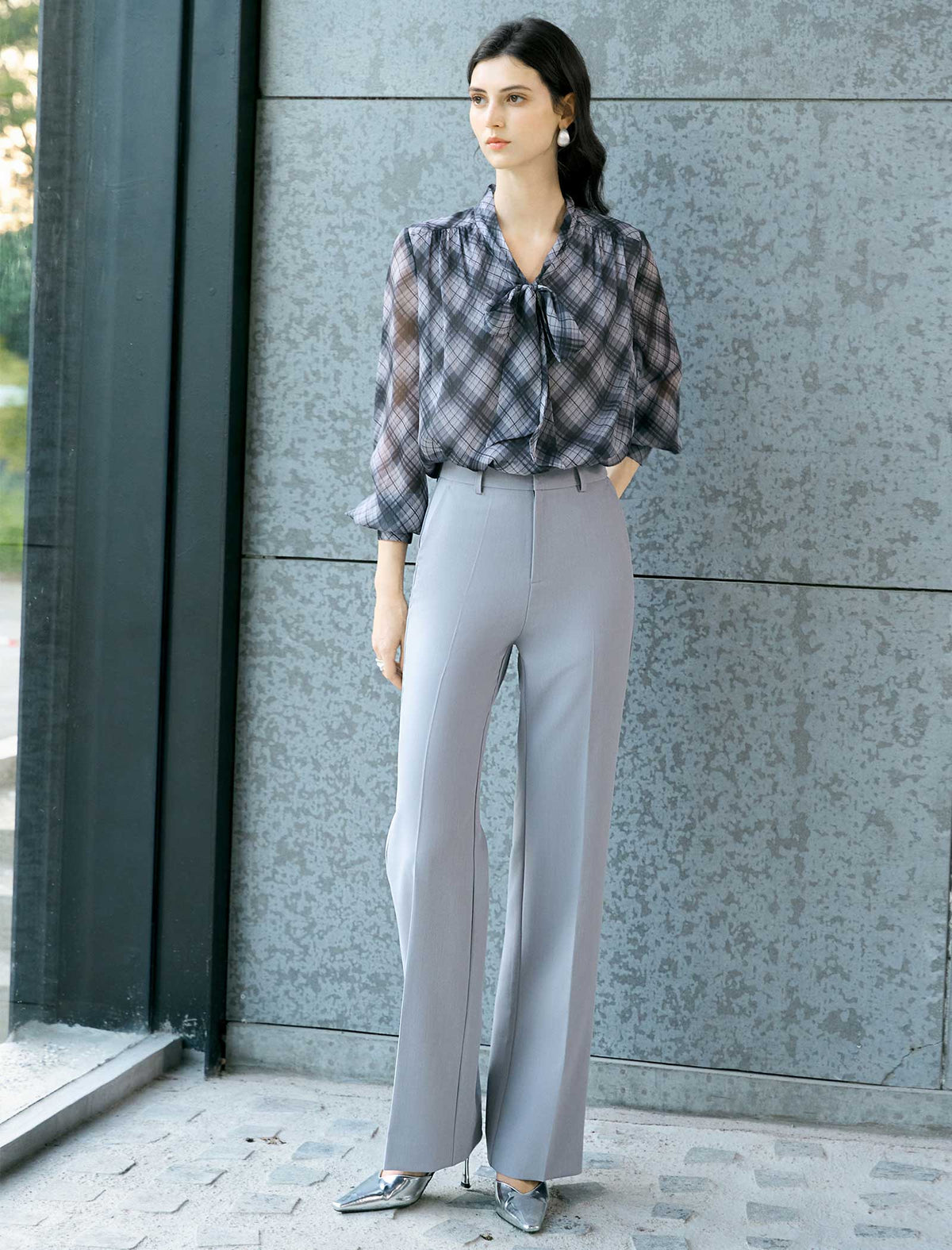 Bow‑Tie Plaid Long Sleeve Blouse