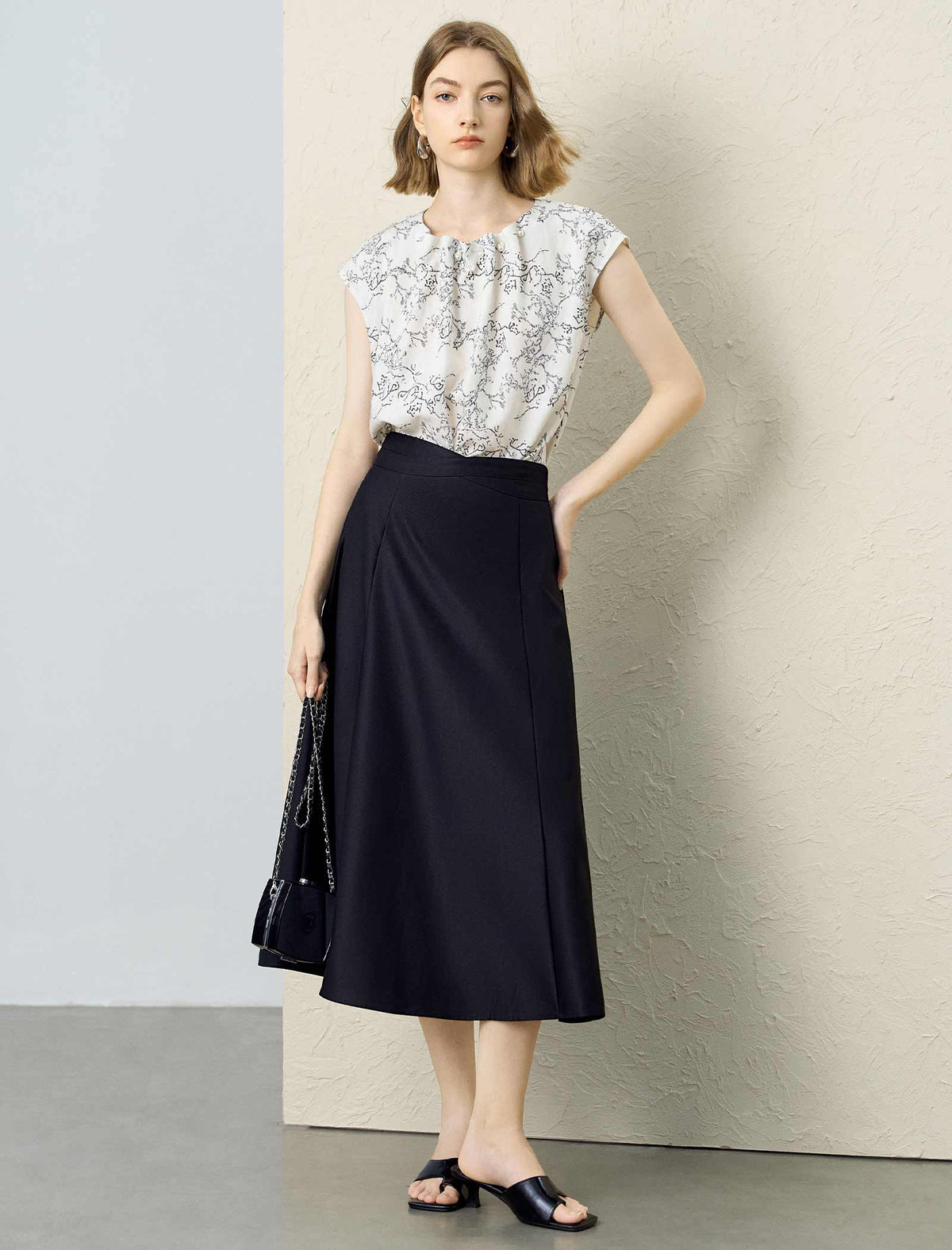 Black High-Waisted A-Line Midi Skirt