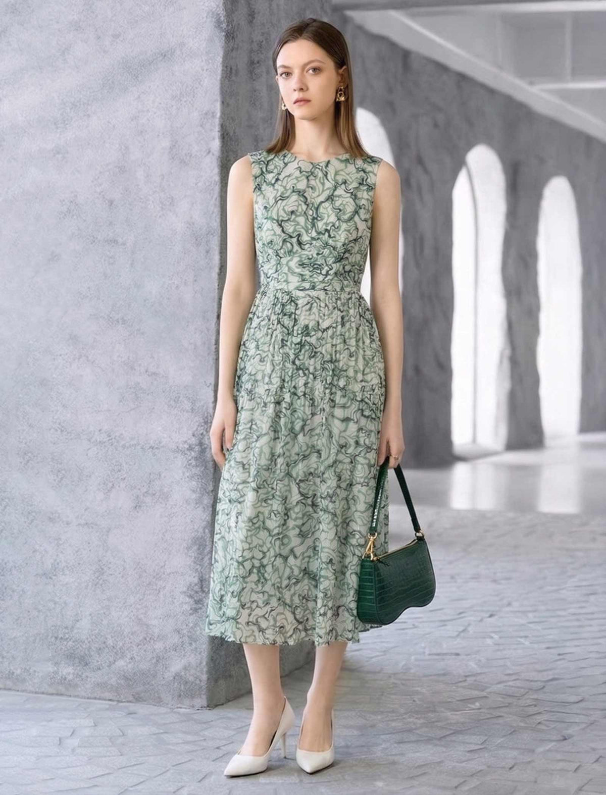 Sage Green Abstract Print Sleeveless Midi Dress