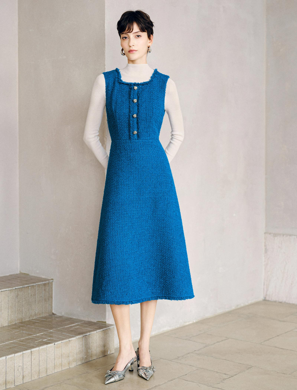 Wool Blend Textured Sleeveless Midi Dress