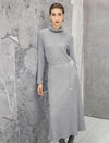 Textured Turtleneck Pearl-Chain Belted Long Sleeve Midi Dress