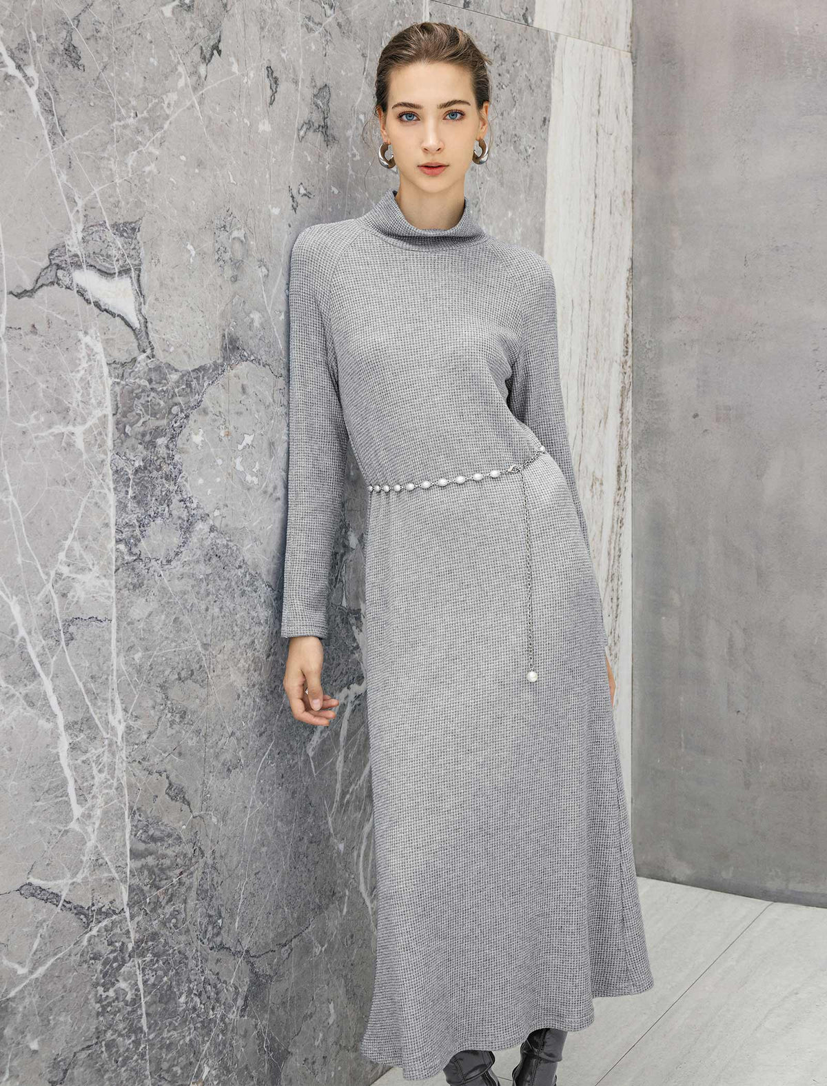 Textured Turtleneck Pearl-Chain Belted Long Sleeve Midi Dress