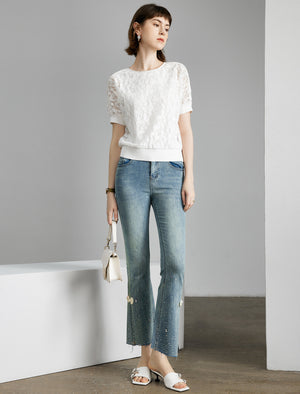 Butterfly Lace Round Neck Short Sleeve Top