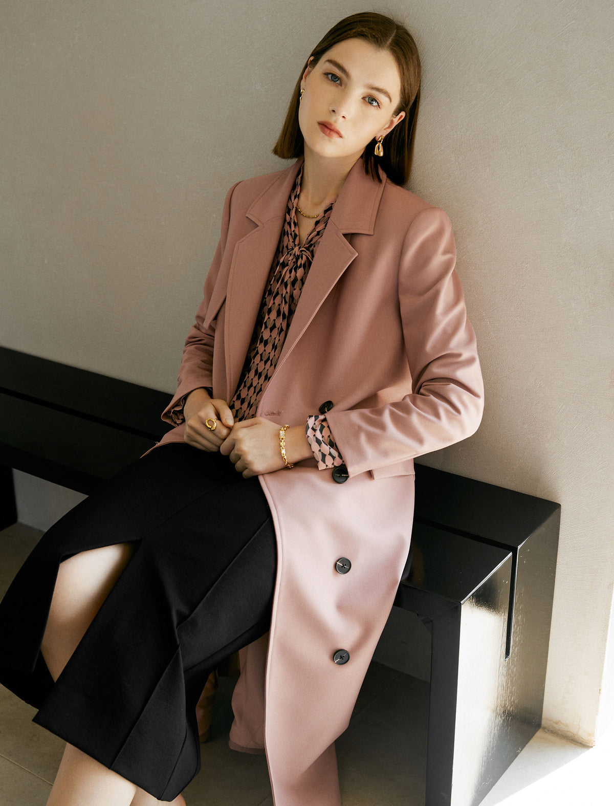 Gathered Waist Double-Breasted Trench Coat