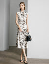 Watercolor Floral Print Qipao-Style Midi Dress