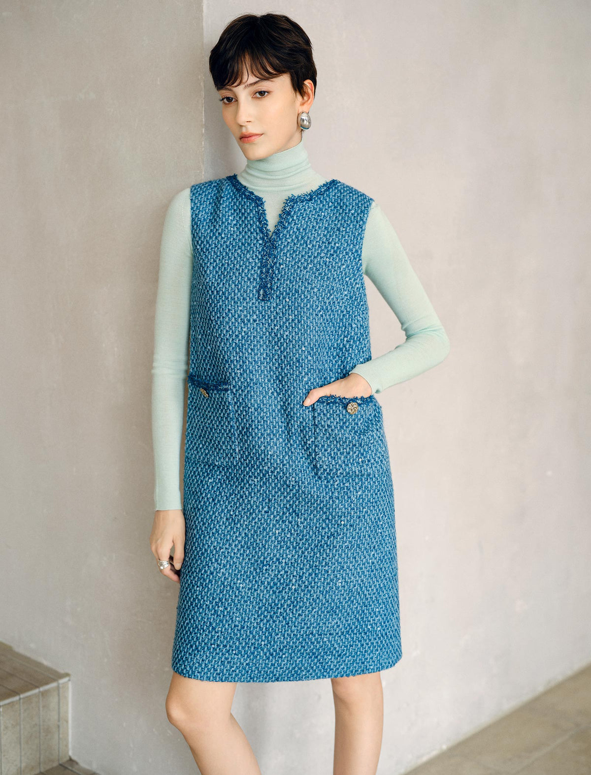 Wool Blend Textured Sleeveless Shift Dress