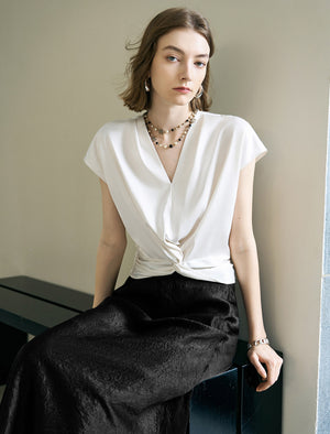Elegant White V-Neck Twist Front Satin Top