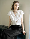 Elegant White V-Neck Twist Front Satin Top