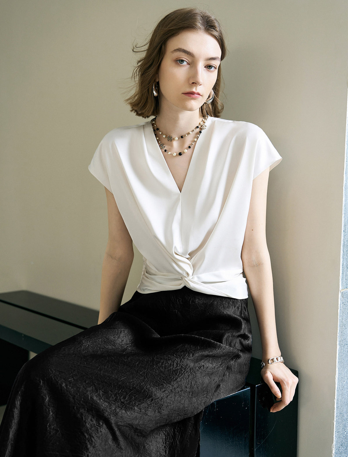 Elegant White V-Neck Twist Front Satin Top