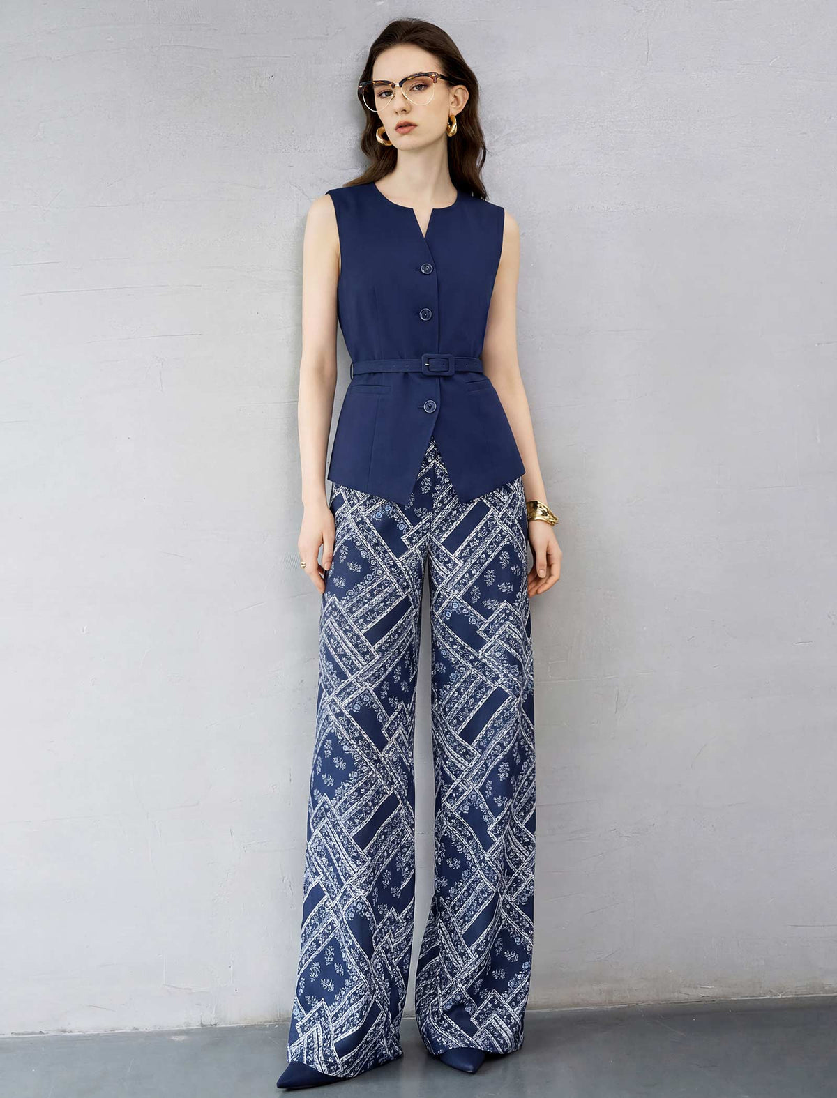 Vintage Geometric Print Wide Leg Trousers