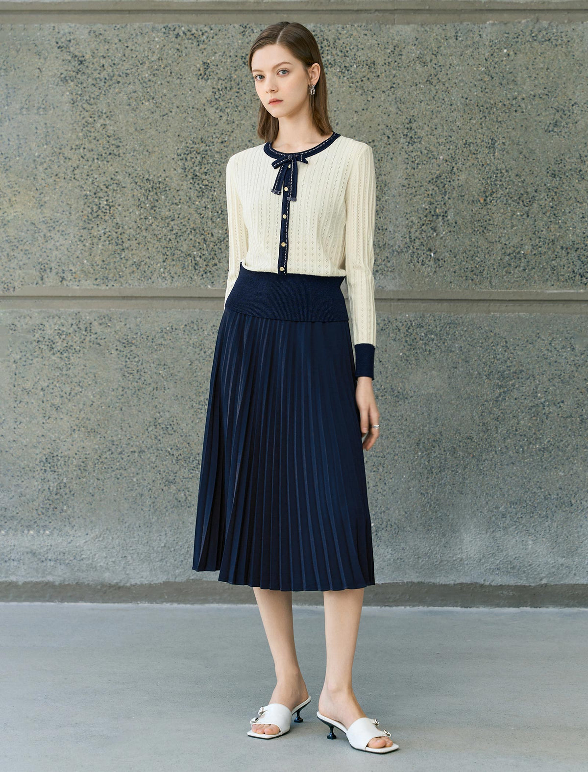 Navy Pleated High Waist Swing A-Line Skirt