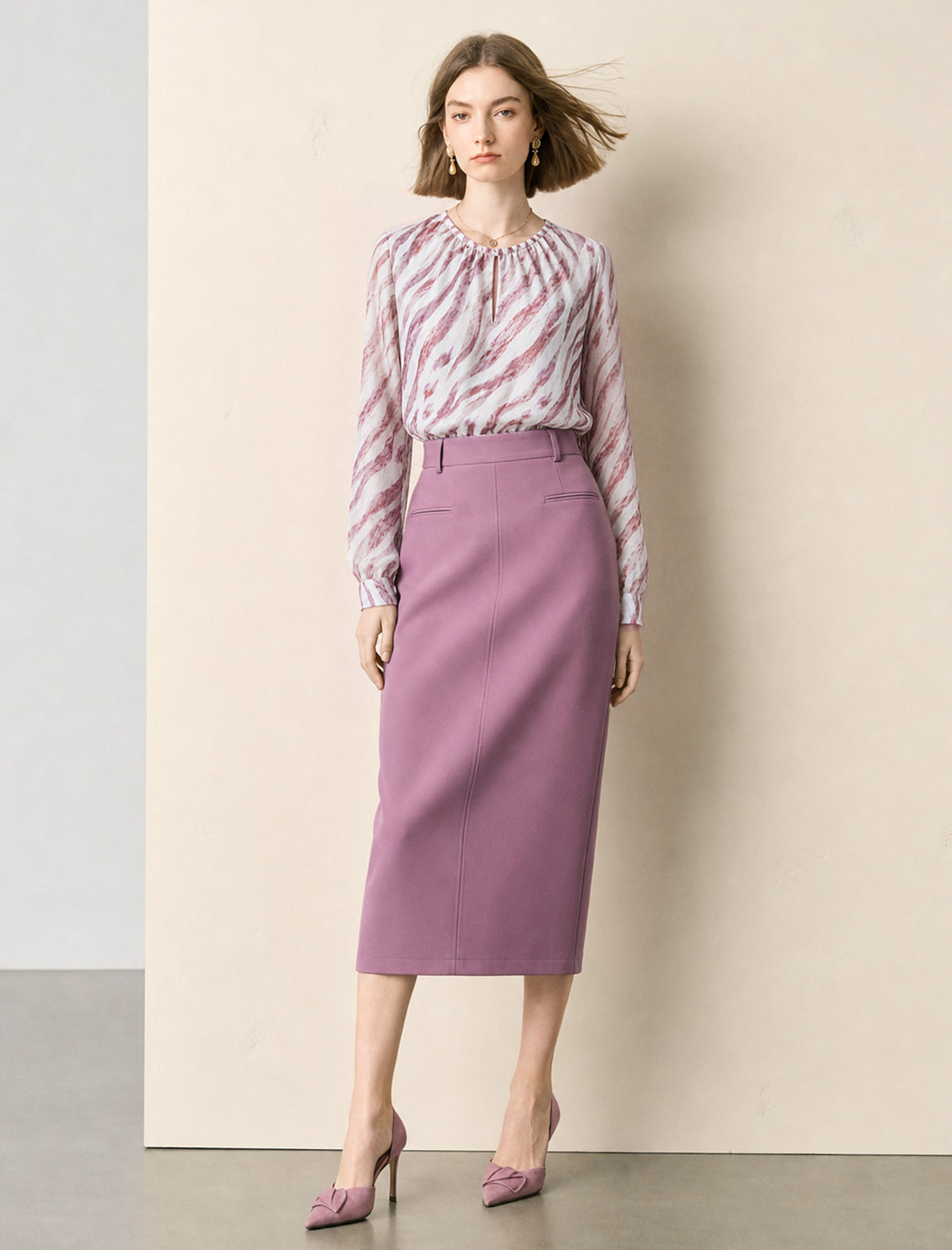 Gathered Neck Keyhole Long Sleeve Blouse