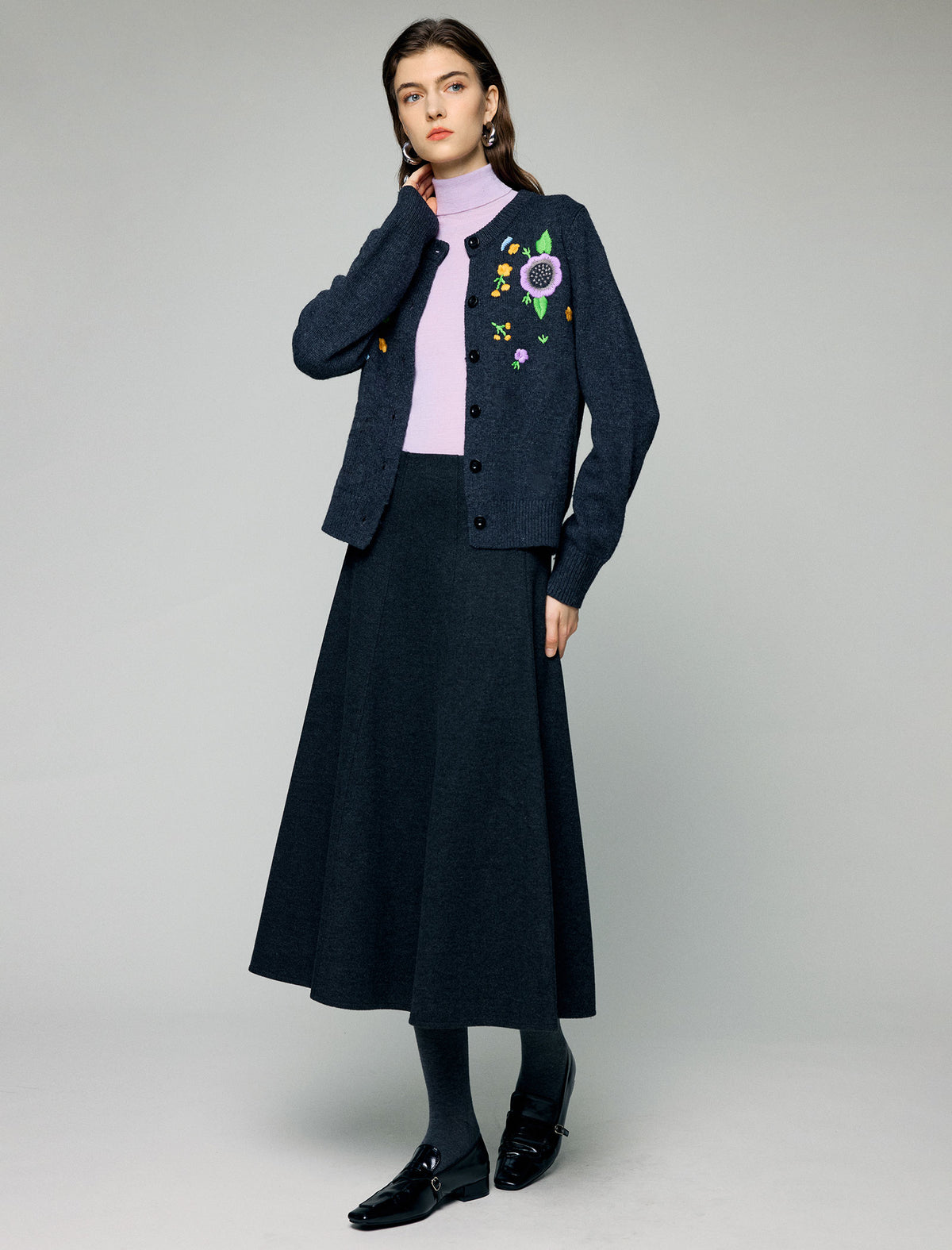 Wool Blend Embroidered Floral Crewneck Button-Front Cardigan