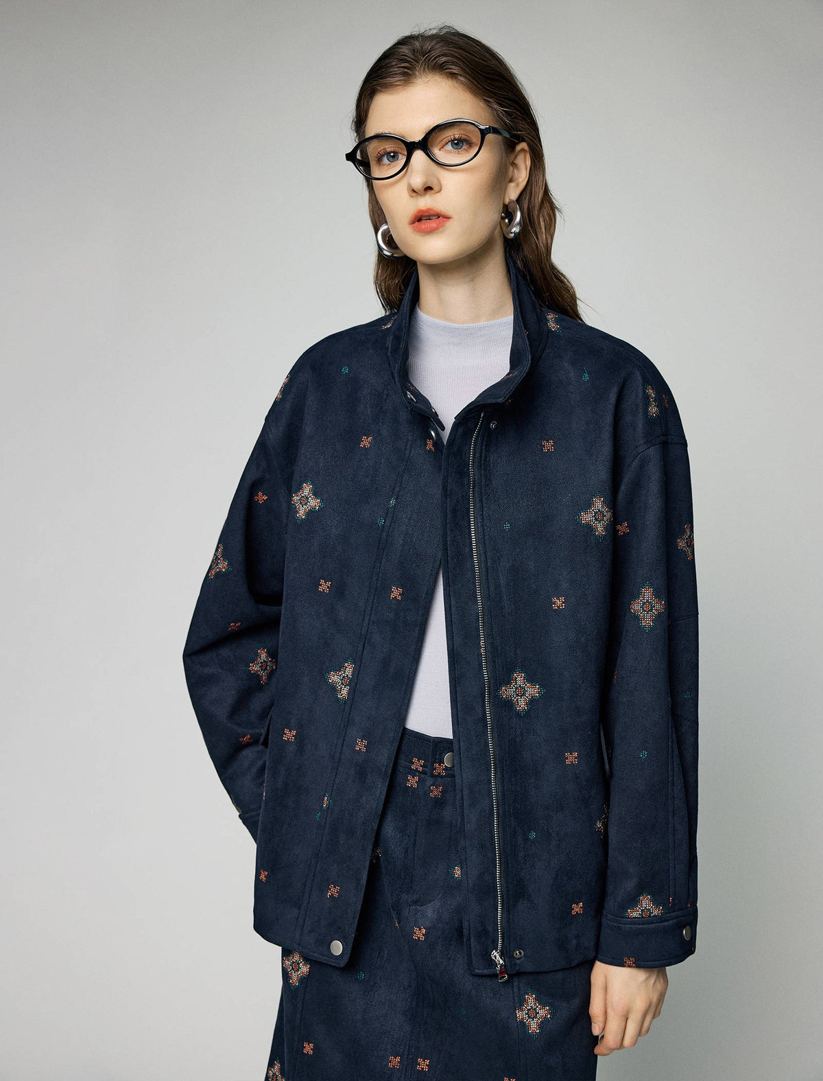 Embroidered Geometric Stand-Collar Zip-Front Jacket
