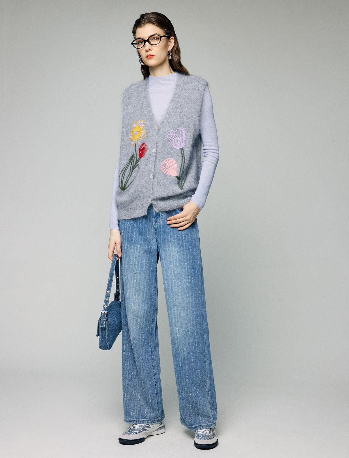 Wool and Mulberry Silk Blend Floral Applique V-Neck Button-Front Vest