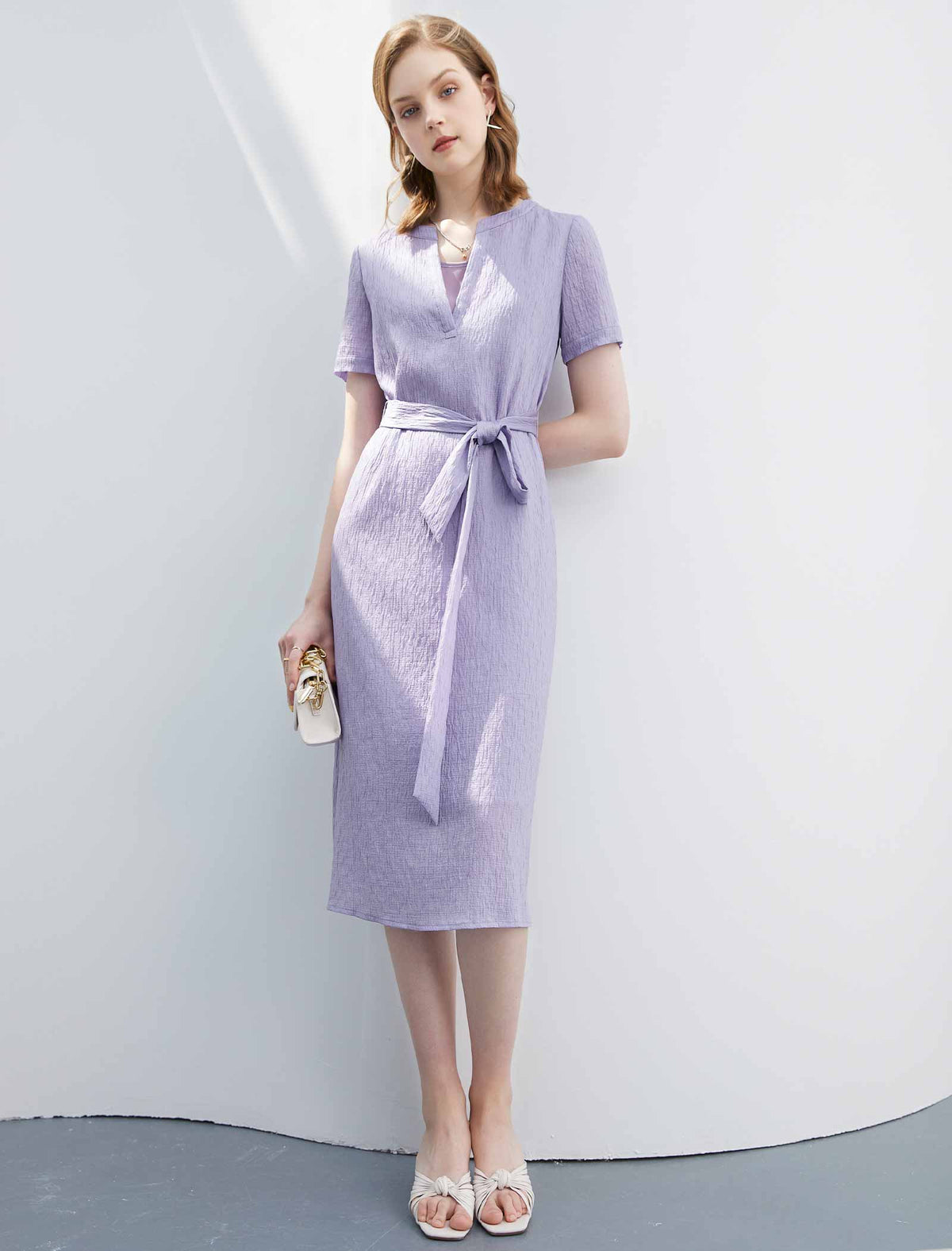 Purple Tie-Waist Short Sleeve Dress