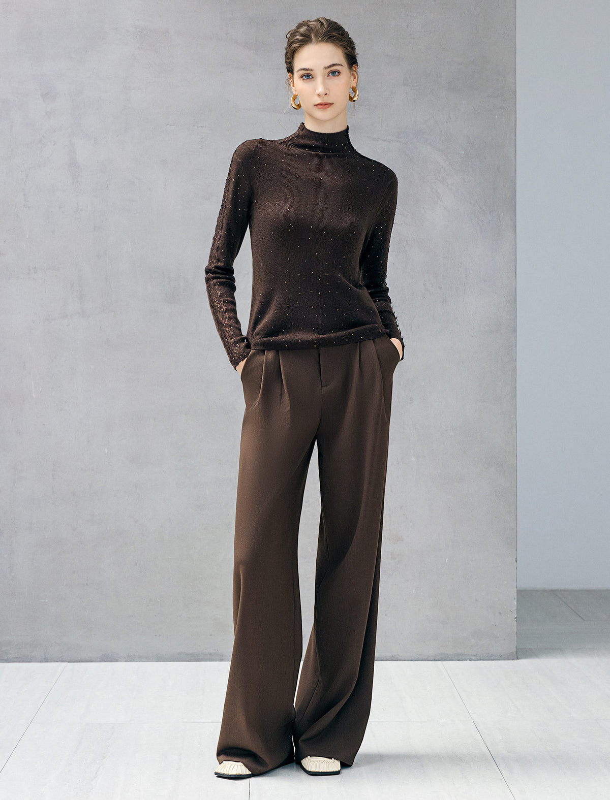 Wool Blend Rhinestone Lace-Sleeve Turtleneck Fitted Top