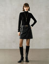 Belted High Waist Black PU Leather A-Line Mini Skirt