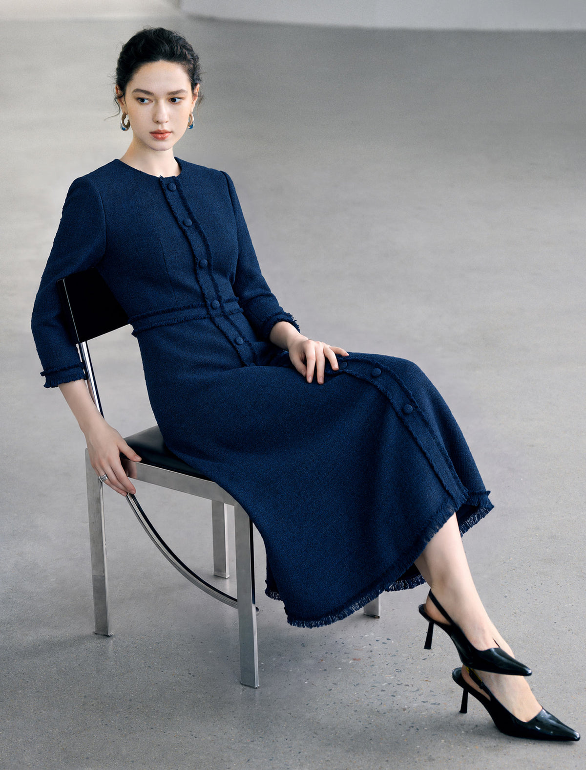 Dark Navy Fringe Trim Midi Dress