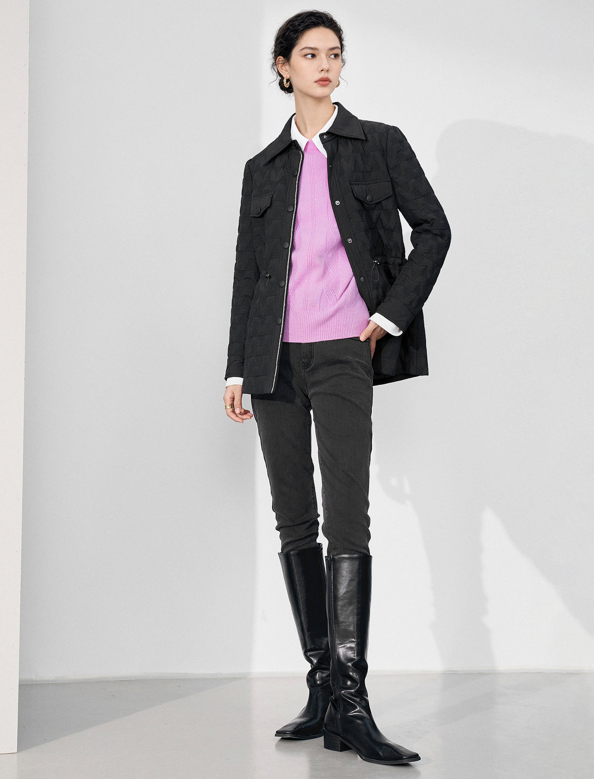 Embroidered Drawstring Pocket Fitted Padded Coat