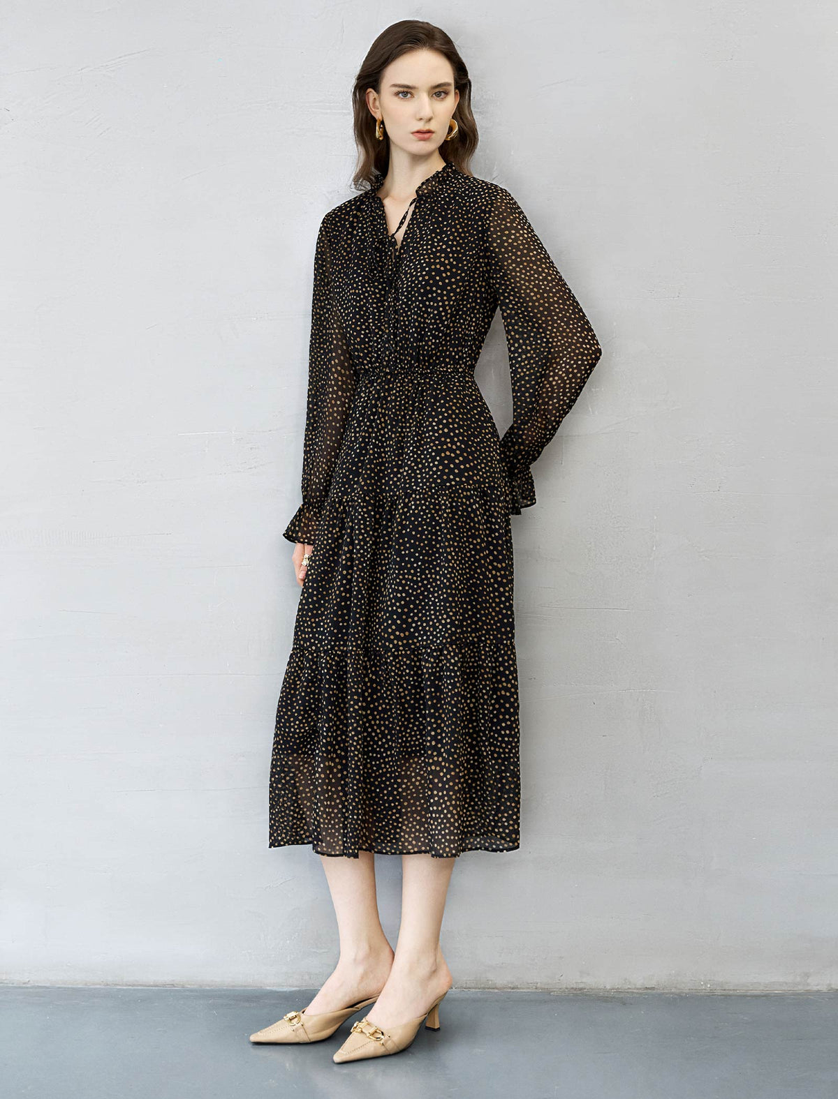 Black And Gold Dot Tiered Midi Dress