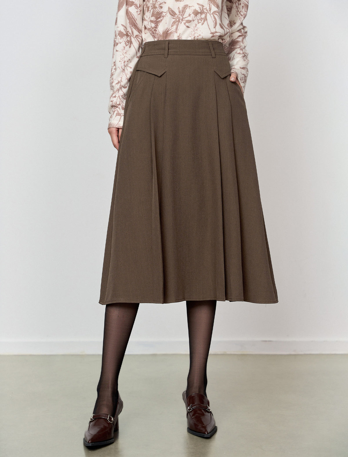 Brown Pleated A-Line Midi Skirt