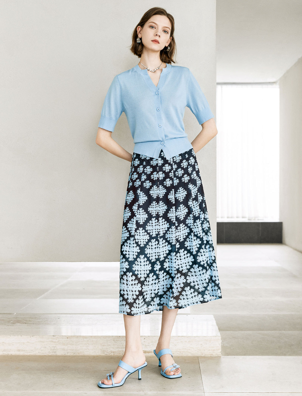 Geometric Floral Print Midi Skirt