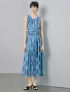 Blue Abstract Print Sleeveless Ruched Waist Midi Dress