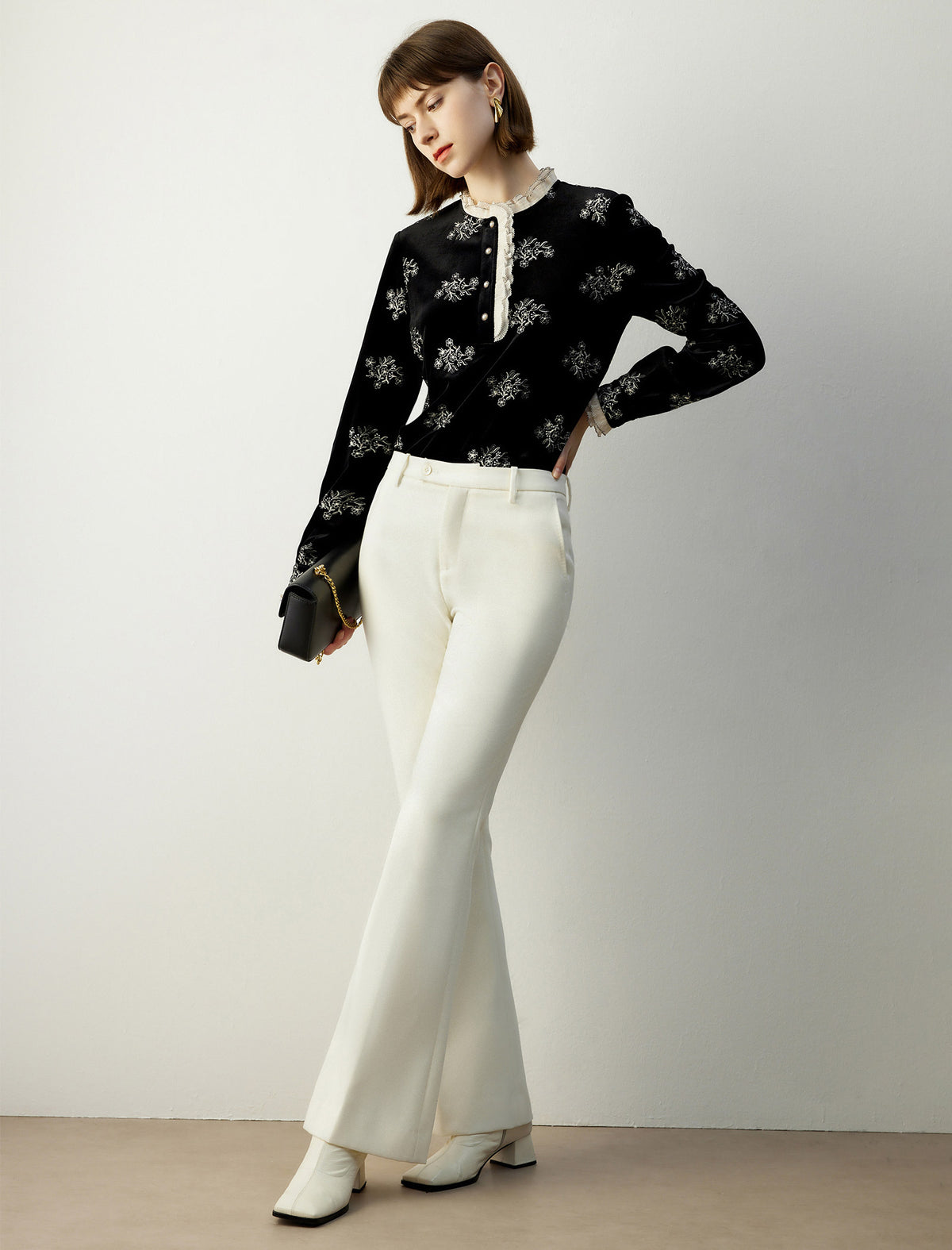 Floral Long-Sleeve Blouse with Lace Trim
