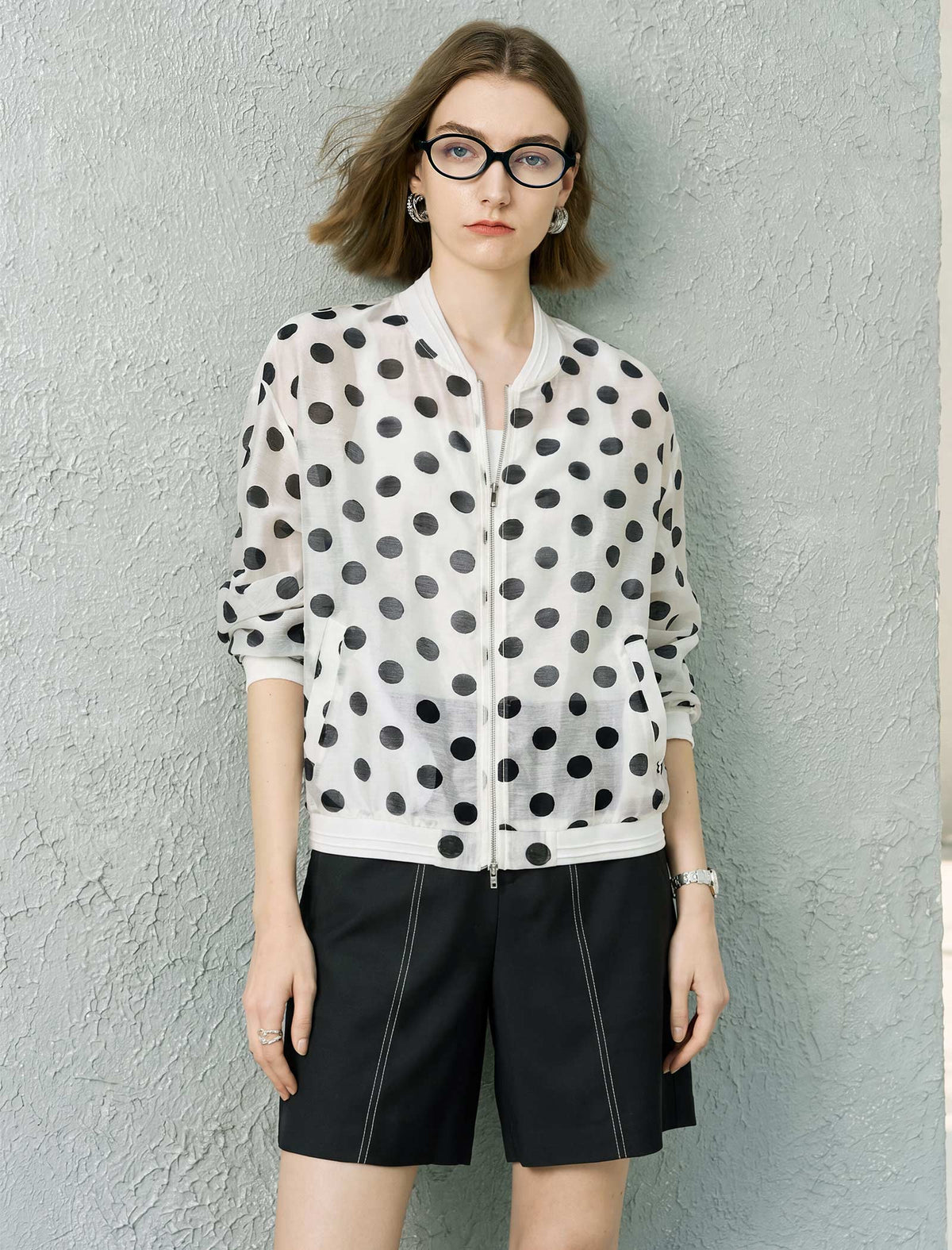 Tencel Linen Blend Polka Dot Sheer Bomber Jacket