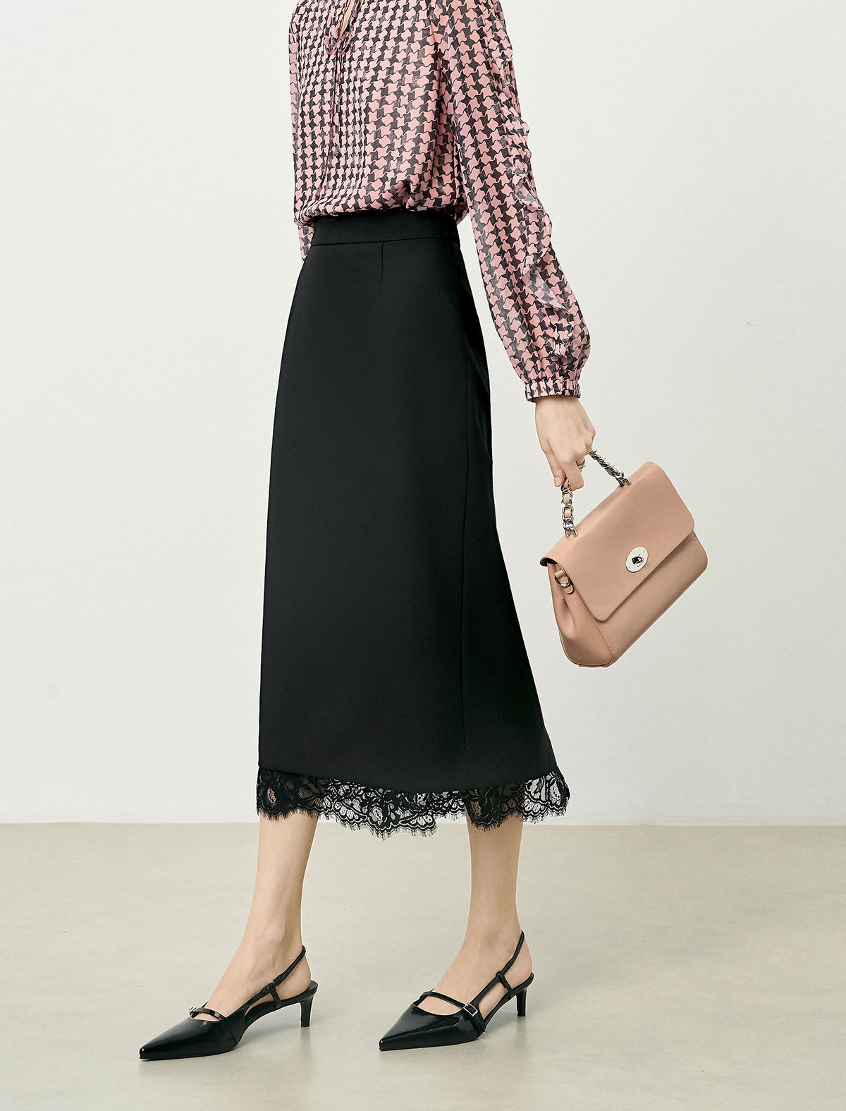 High Waist Lace Hem Back Slit Midi Pencil Skirt