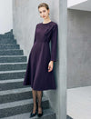 Diagonal-Button Crewneck Long Sleeve A-Line Midi Dress