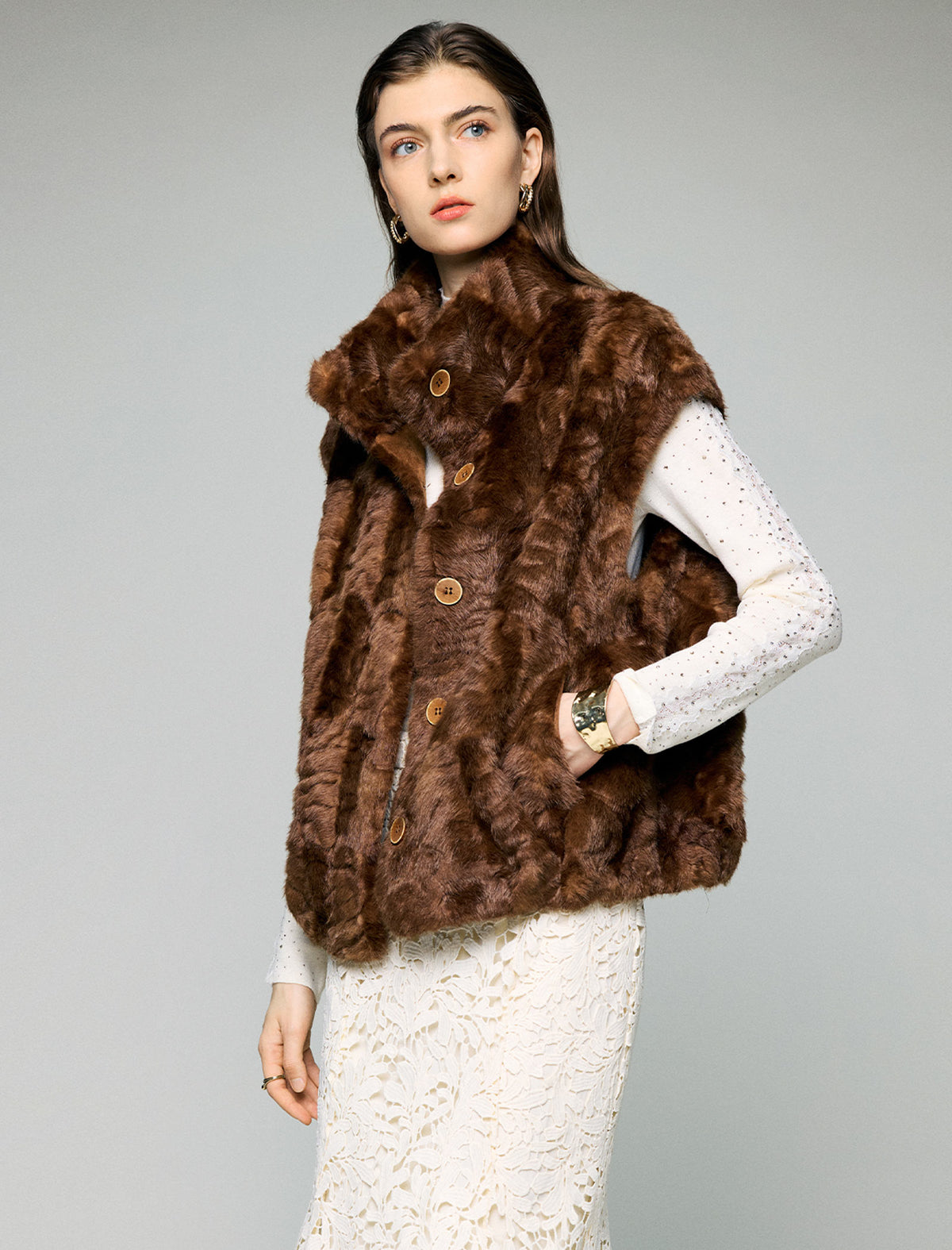 Stand-Collar Button-Front Sleeveless Cropped Vest