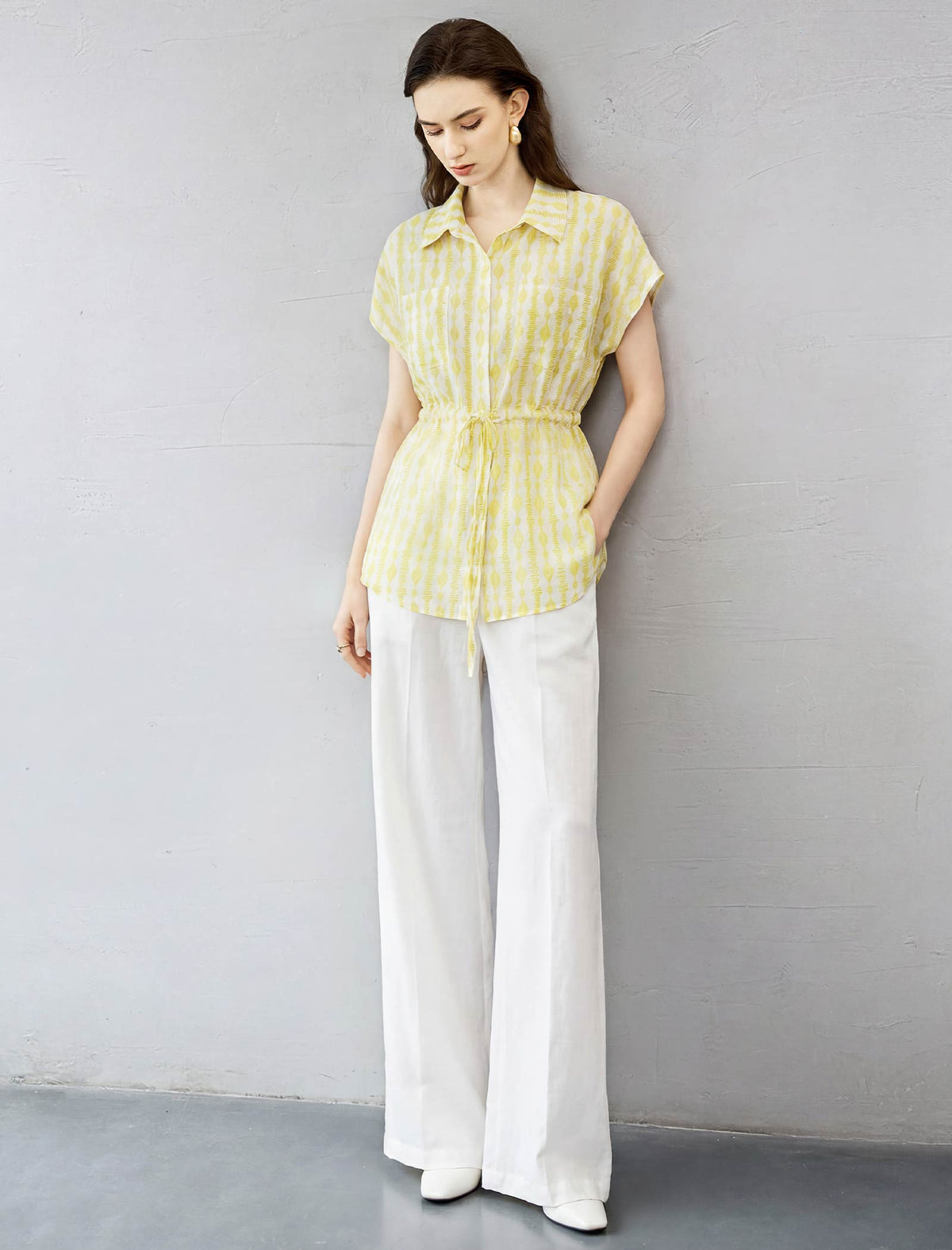 Yellow Geometric Print Tencel-Linen Drawstring Waist Blouse