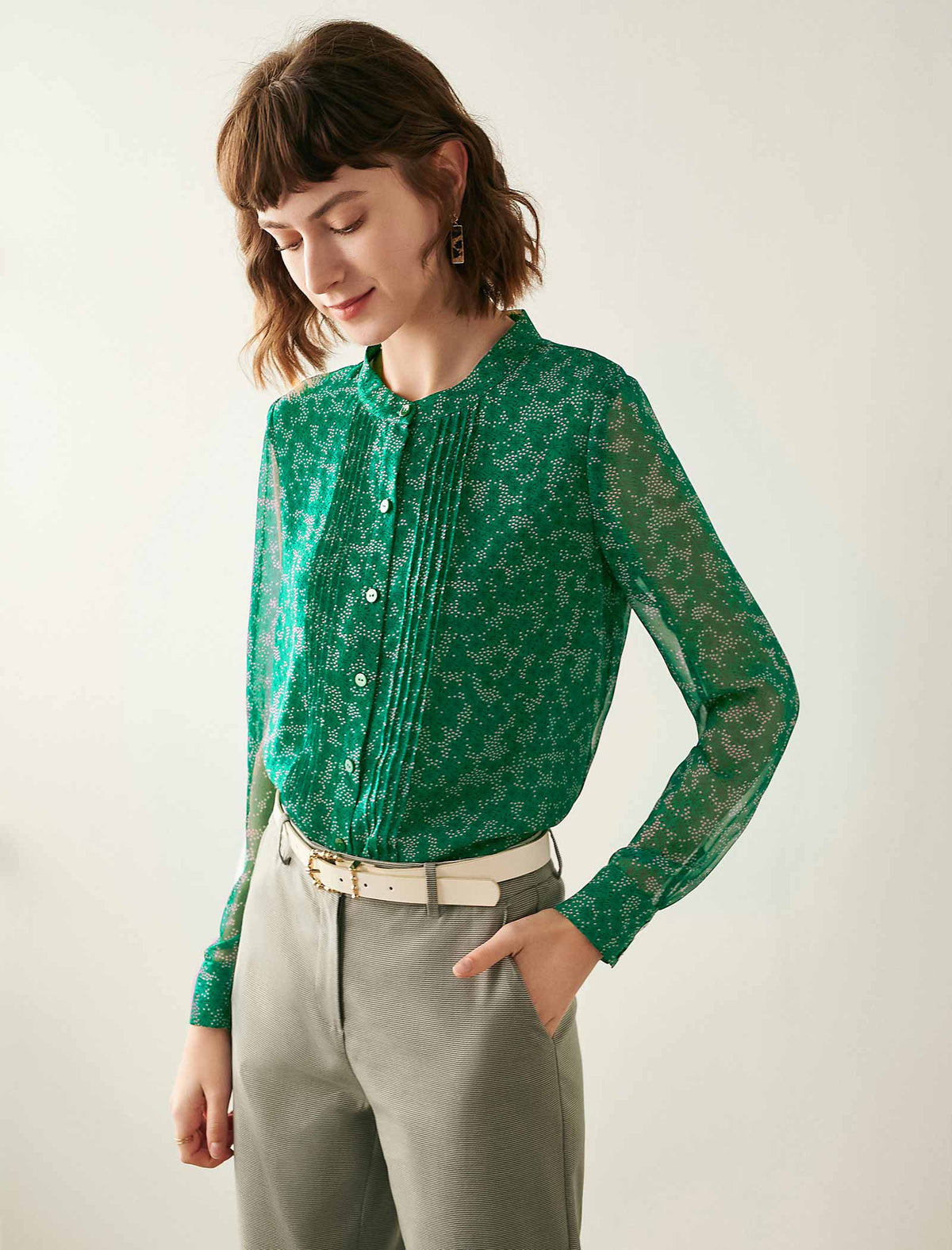 Emerald Green Ditsy-Print Pleated Blouse
