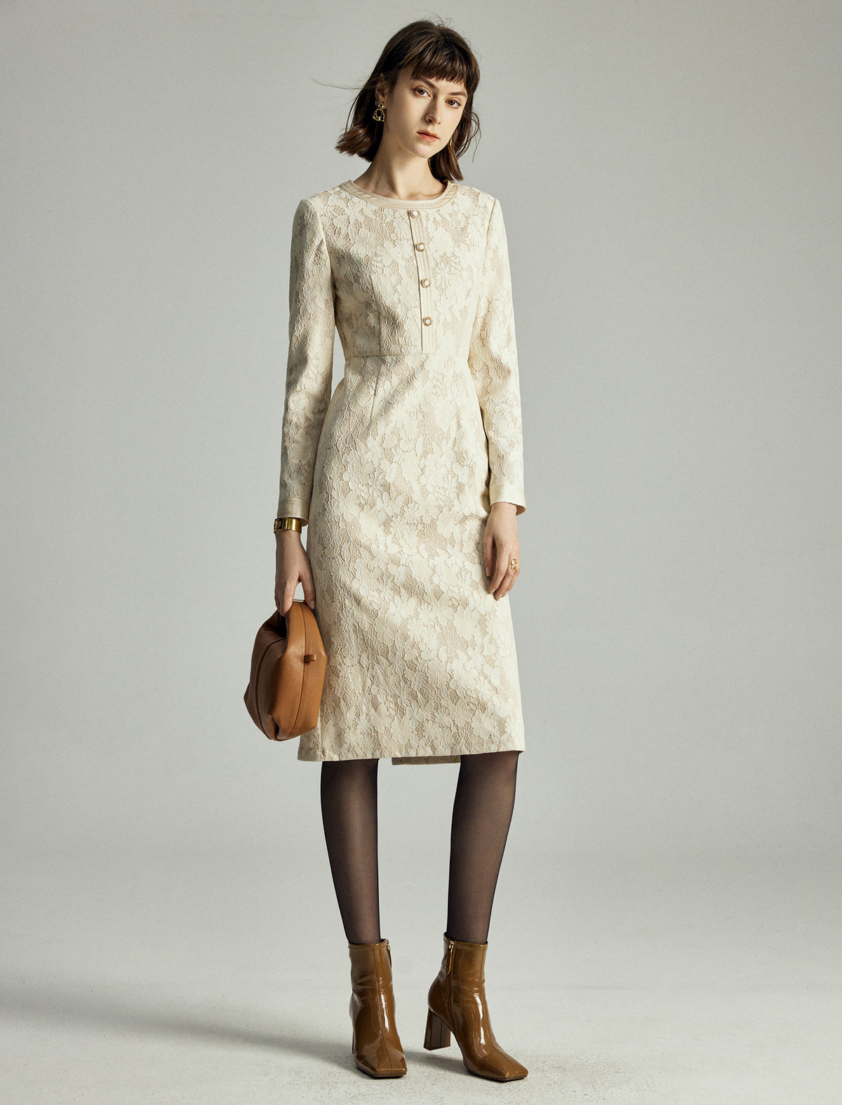 Lace Long Sleeve Fitted Straight-Fit Dress