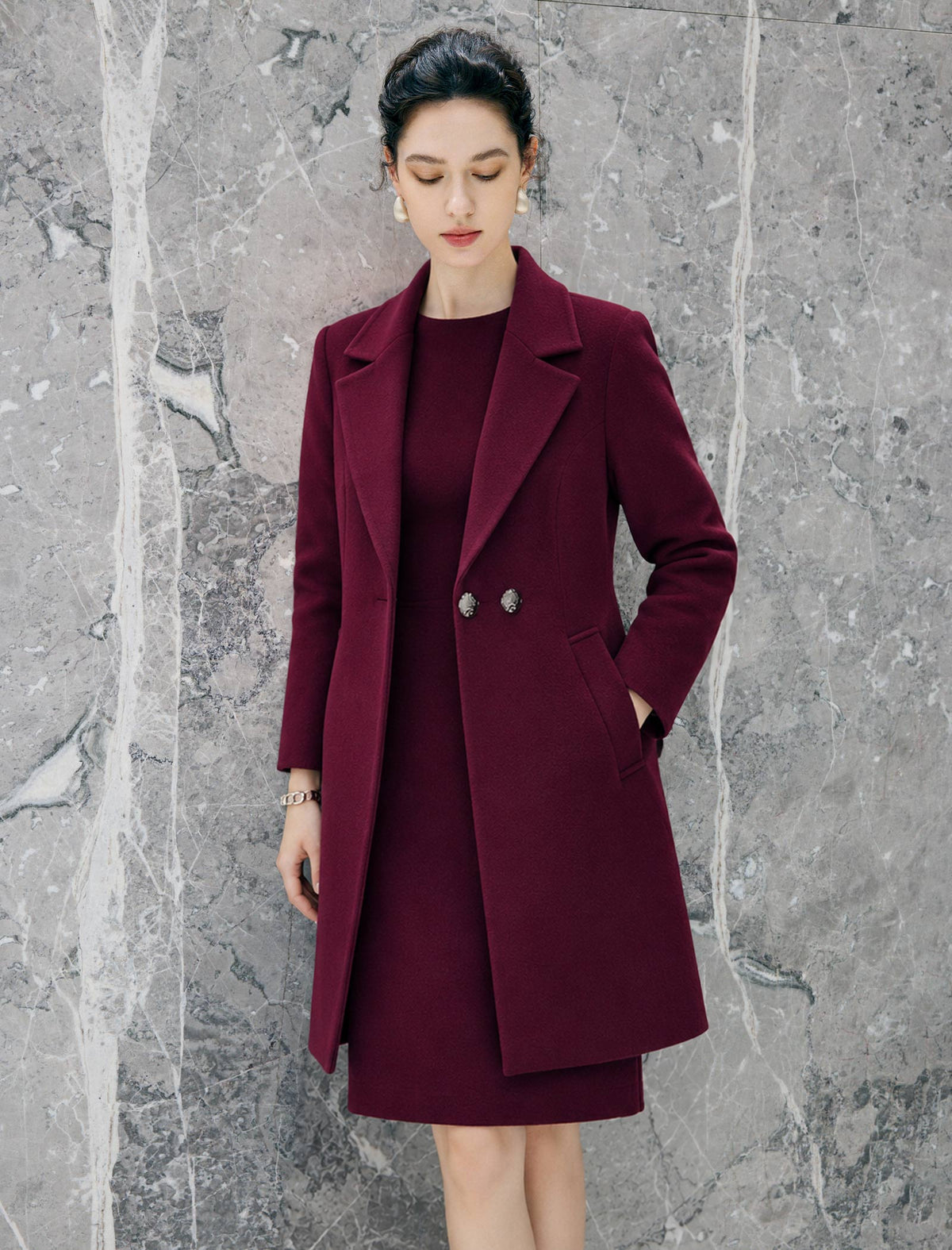Wool Blend Solid Double-Breasted Relaxed Coat