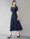 Navy Lace Mock Two-Piece Belted Midi Dress